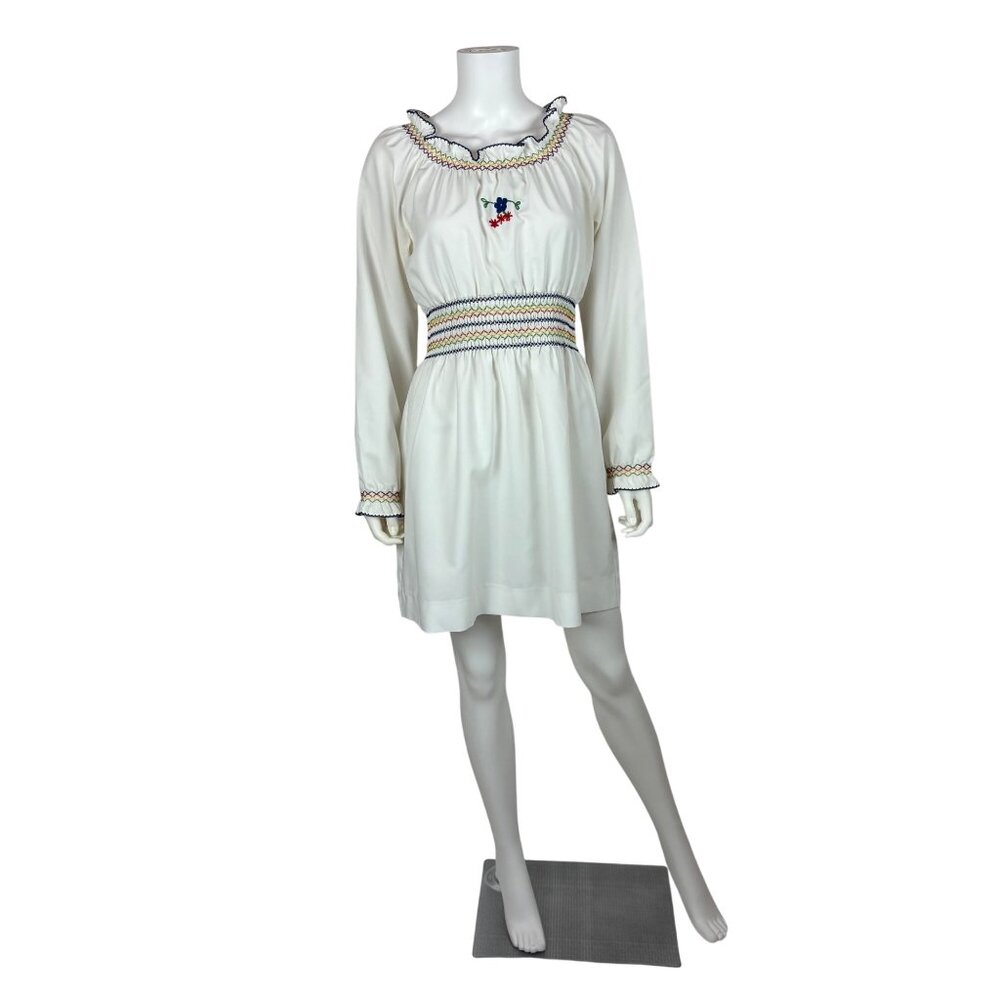 Vintage 60s Peasant Dress Womens M Multi Colored Embroidered Gathered Boho Mini